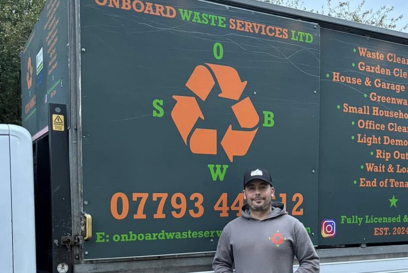 Onboard Waste Services truck providing fast and reliable waste removal services in Kent, Essex, and London, specialising in domestic and commercial waste clearance, eco-friendly recycling, and garden waste removal.